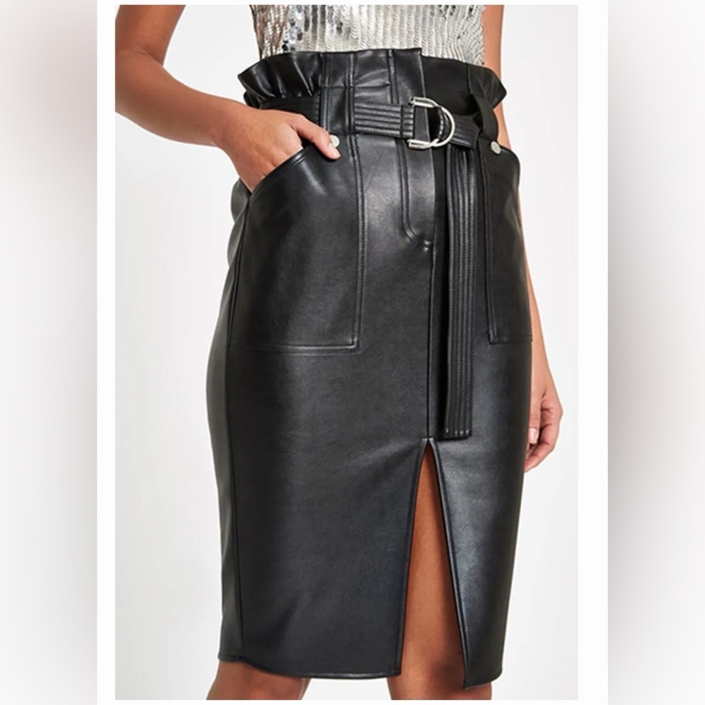 River Island Black Faux Leather High-Waist Pencil Skirt with Front Slit